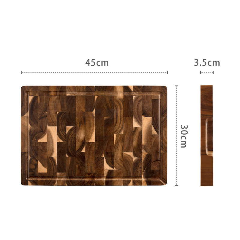 Stort skærebræt i akacietræ med saftrille, kraftigt, tykt skærebræt i træ til køkkenet, fødevaresikre skæreblokke