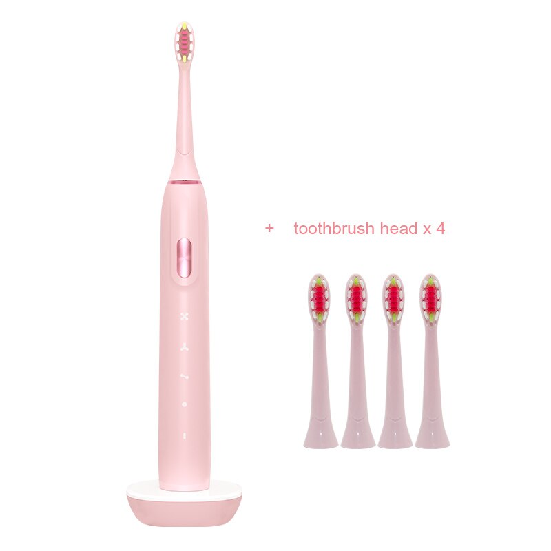 Cepillo de dientes eléctrico para adulto, cepillo de dientes eléctrico sónico con batería de 2000mAh para 90 días, carga USB, resistente al agua, 45000 veces/min: Pink  4 brush head