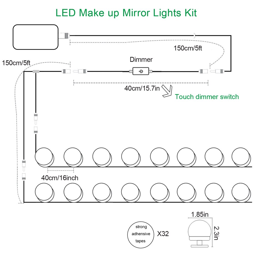Lumière LED pour miroir de maquillage, ampoule 14/16 pour coiffeuse, lampe de vanité Hollywood, variable en continu avec adaptateur de prise