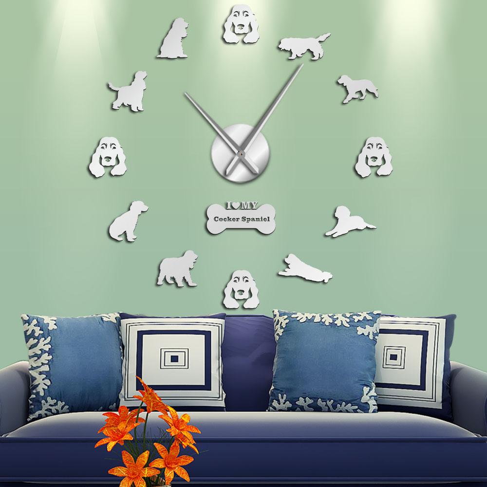 Cocker Spaniels Mirror Effect Stickers DIY Giant Silent Wall Clock Dog Pet Owners Home Decor Cockers Mute Wall Art Hanging Watch