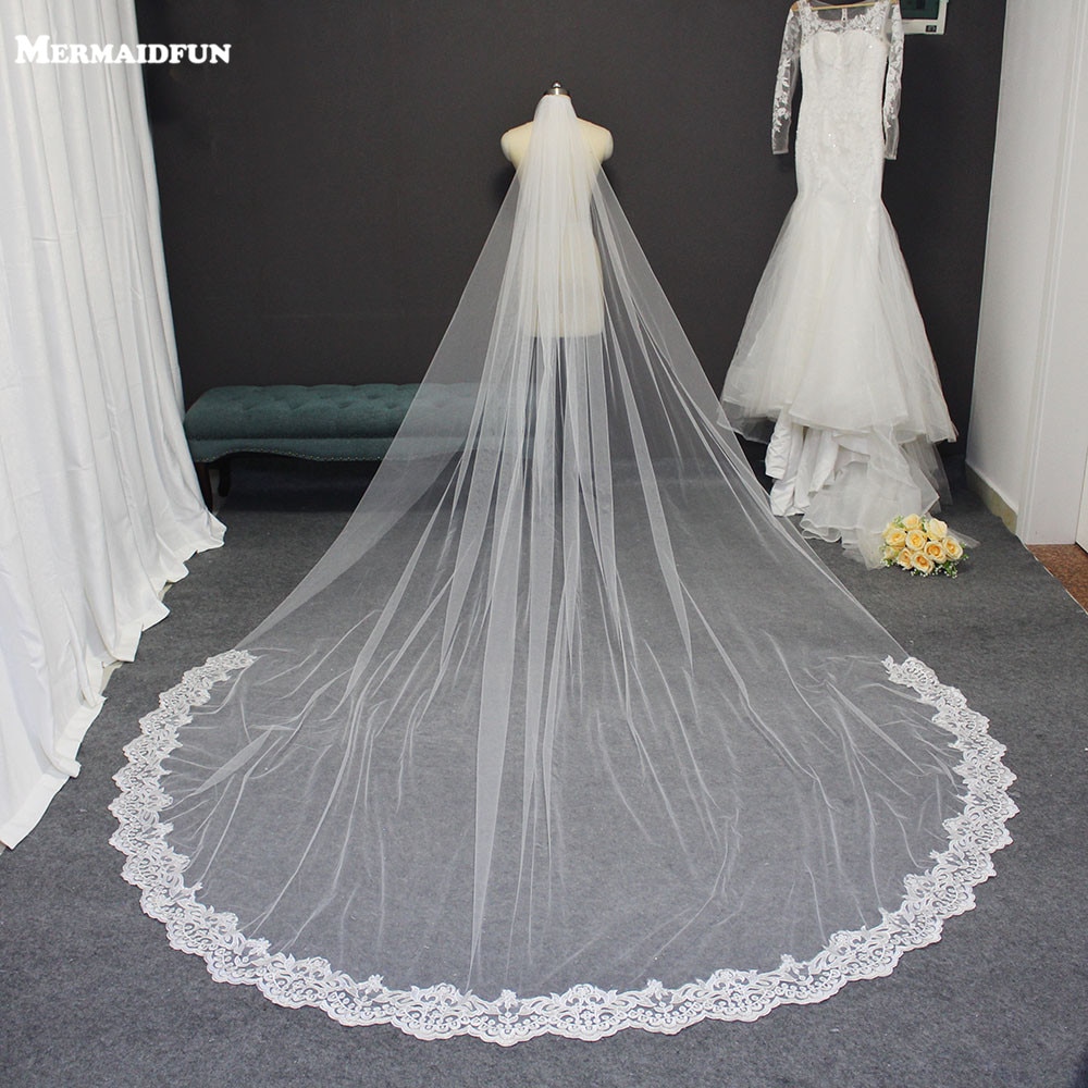 Partial Lace 3M Long Wedding Veil One Layer Cathedral Bridal Veil with Comb Welon Bride Veil Voile Mariage