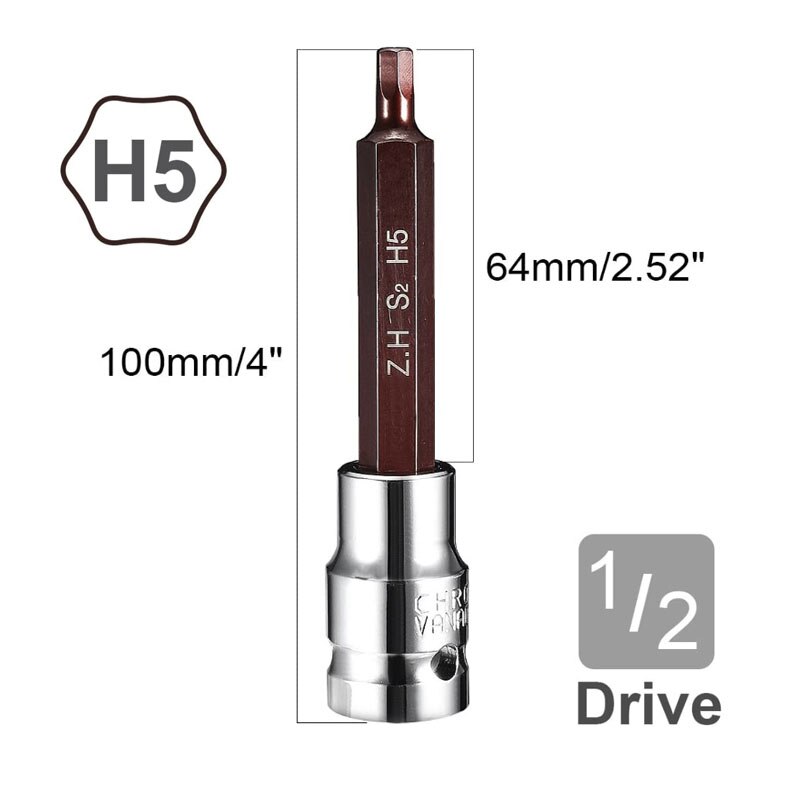 1/2" Drive x 4mm 5mm 6mm 7mm 8mm 10mm 12mm 14mm Hex Bit Socket, Standard Metric, S2 and Cr-V Steel 100mm Length: 100LxH5MM 1pcs