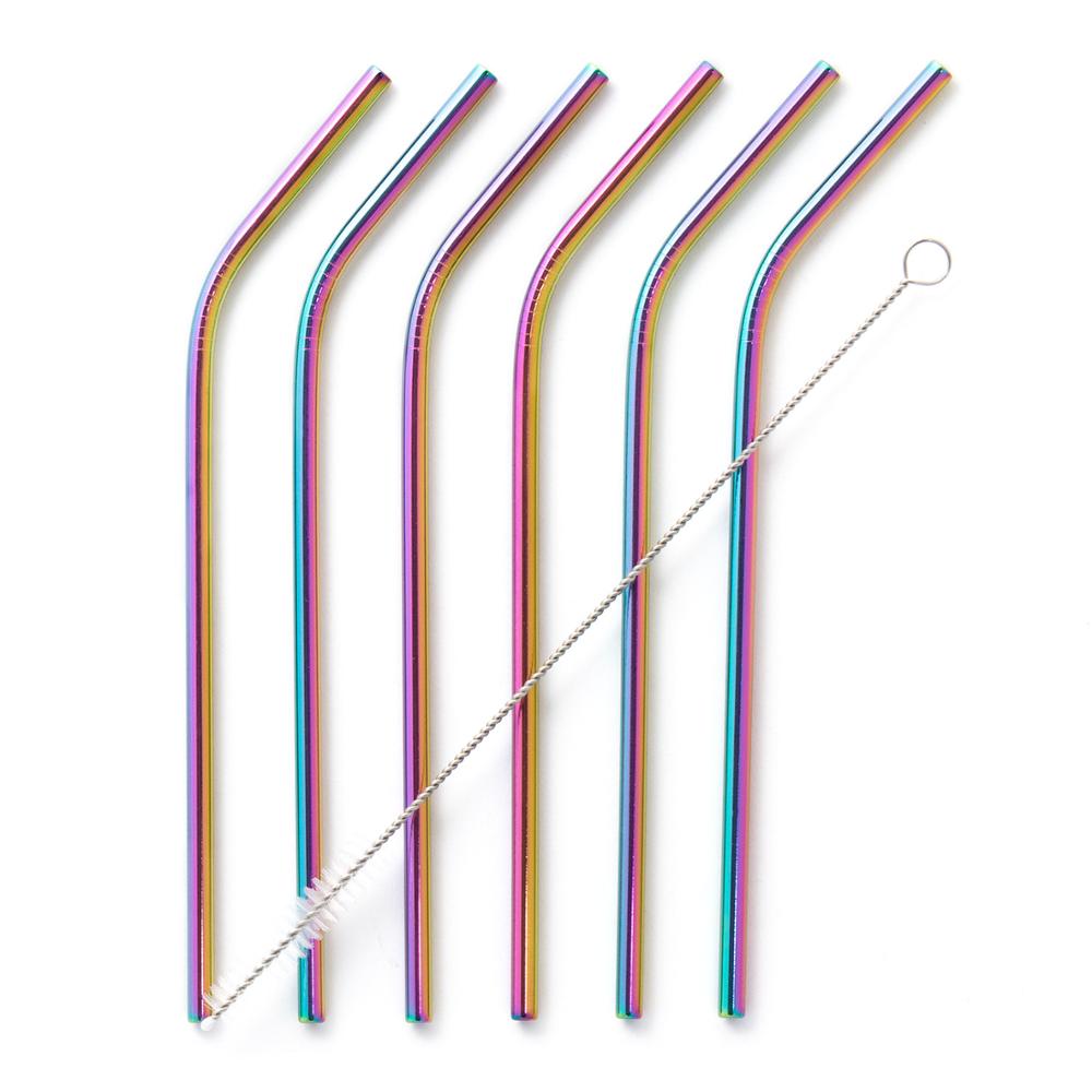 SKLUM- Pack de 6 pajitas Kürv Metalizadas múltiples colores acero inoxidable con acabado brillante reutilizables incluye cepillo de limpieza: Irdiscente