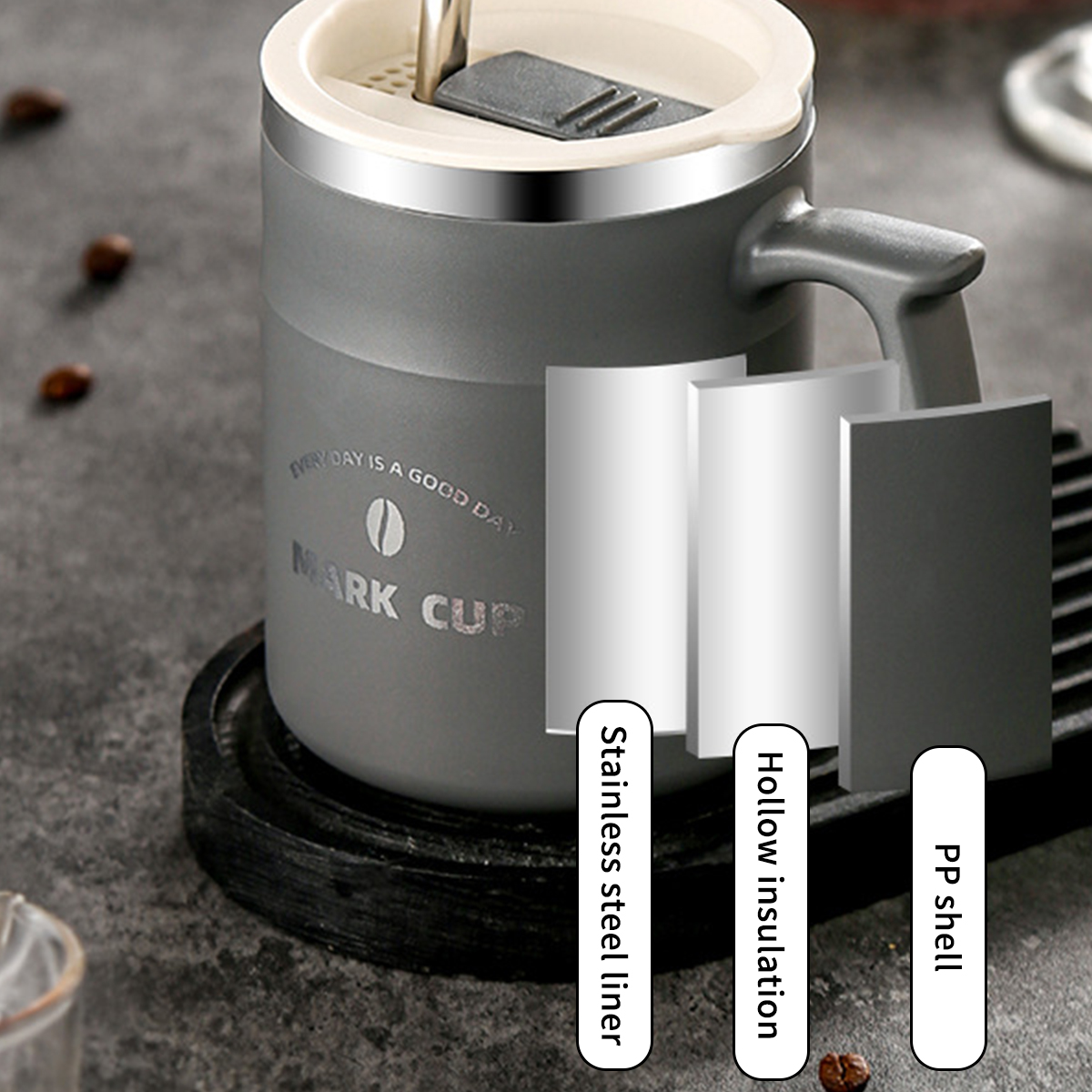 500ml dobbeltvæggede isolerede kaffekrus med hank til skolekontor, 304 forseglede drikkekopper i rustfrit stål, bærbare drikkekopper