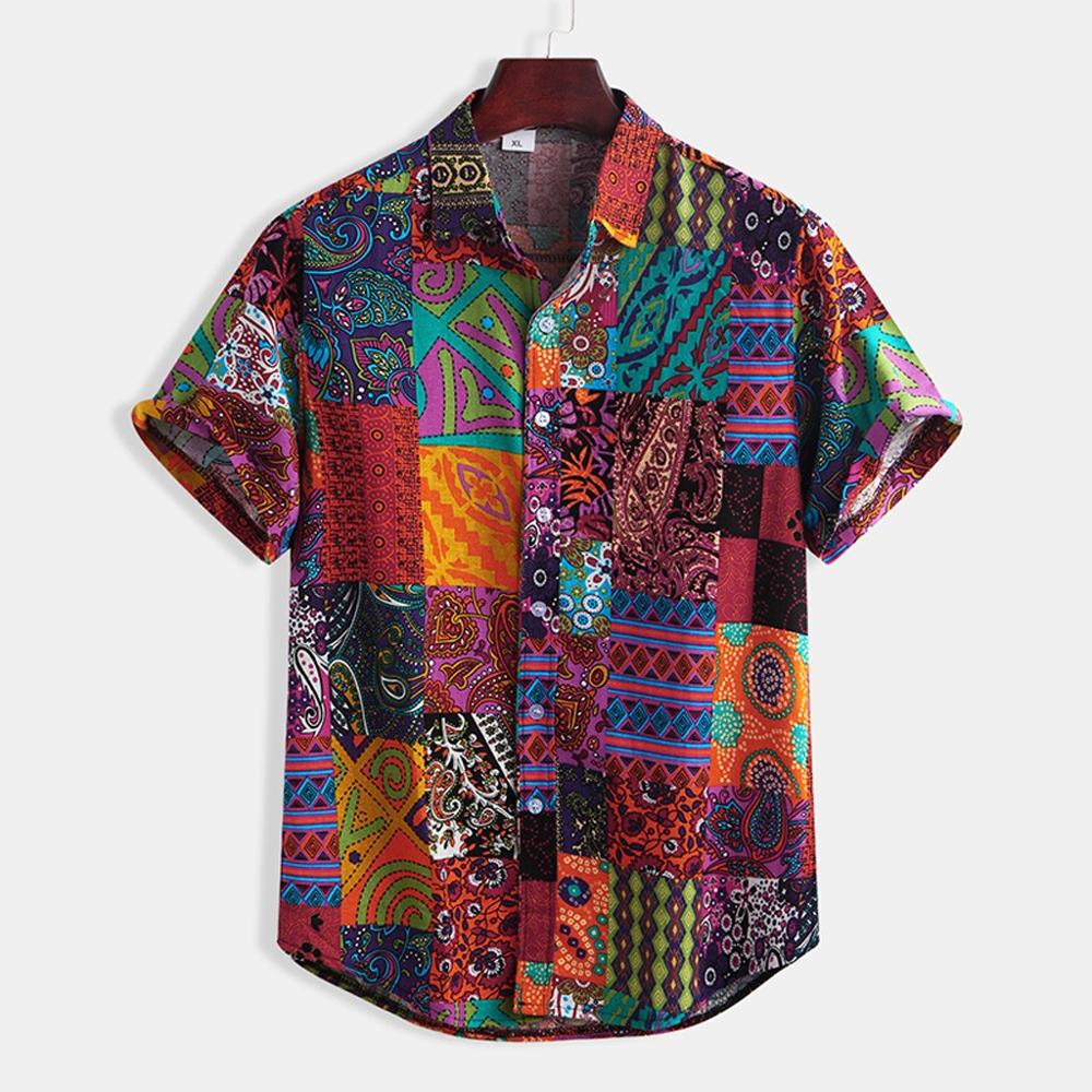 Hawaiiaanse overhemden voor heren, etnische stijl, tie dye, halflange mouwen, casual katoenen overhemd met print, blouse, camisa masculina, plus size