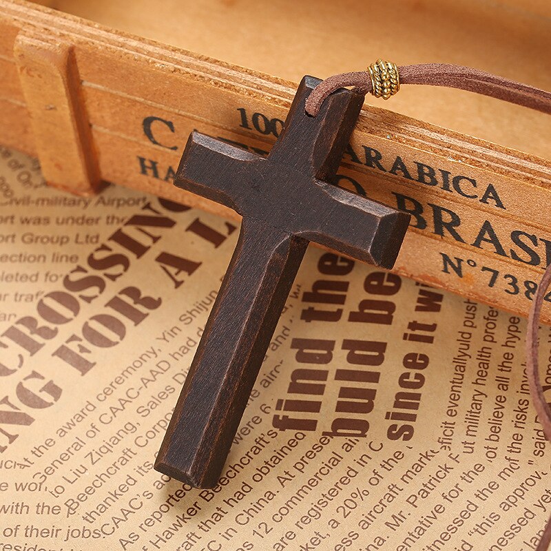 Vintage sort brun kors vedhæng halskæde til mænd kvinde træ krucifiks bøn kristne religiøse halskæder mandlige smykker: B-brun