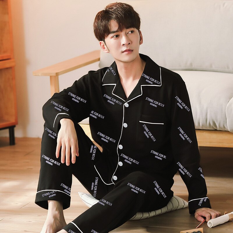 Men&#39;s Letter Cotton Pyjamas Homme 2 Pieces Lounge Sleepwear Pijama Autumn Bedgown Home Clothes Man PJs Pure Cotton Pajamas Set