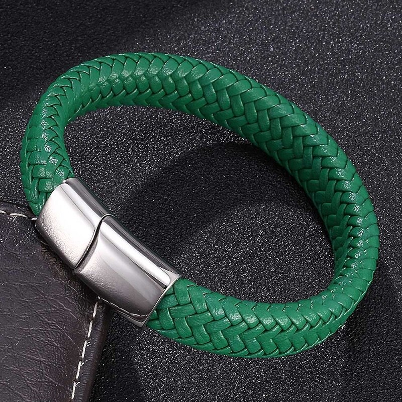 Men Jewelry Green Braided Leather Bracelet Stainless Steel Magnetic Clasp Punk Bangles Male Wrist Band S0016