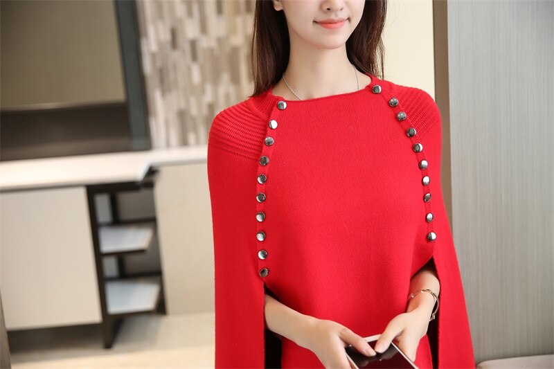 Suéter de capa de punto para mujer, jersey de otoño e invierno, ropa de calle, suéteres casuales sueltos, capas, cuello redondo, mangas de murciélago, poncho