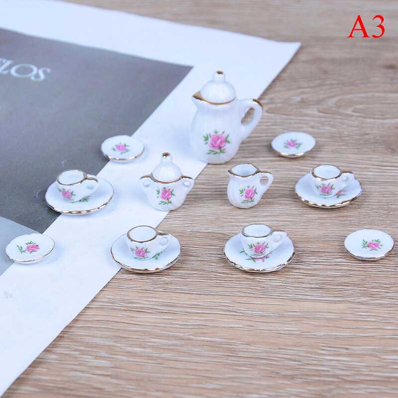 15 stk lilla blomster kina dukker keramiske te sæt 1:12 skala til dukkehus bordservice miniaturemøbler: A3