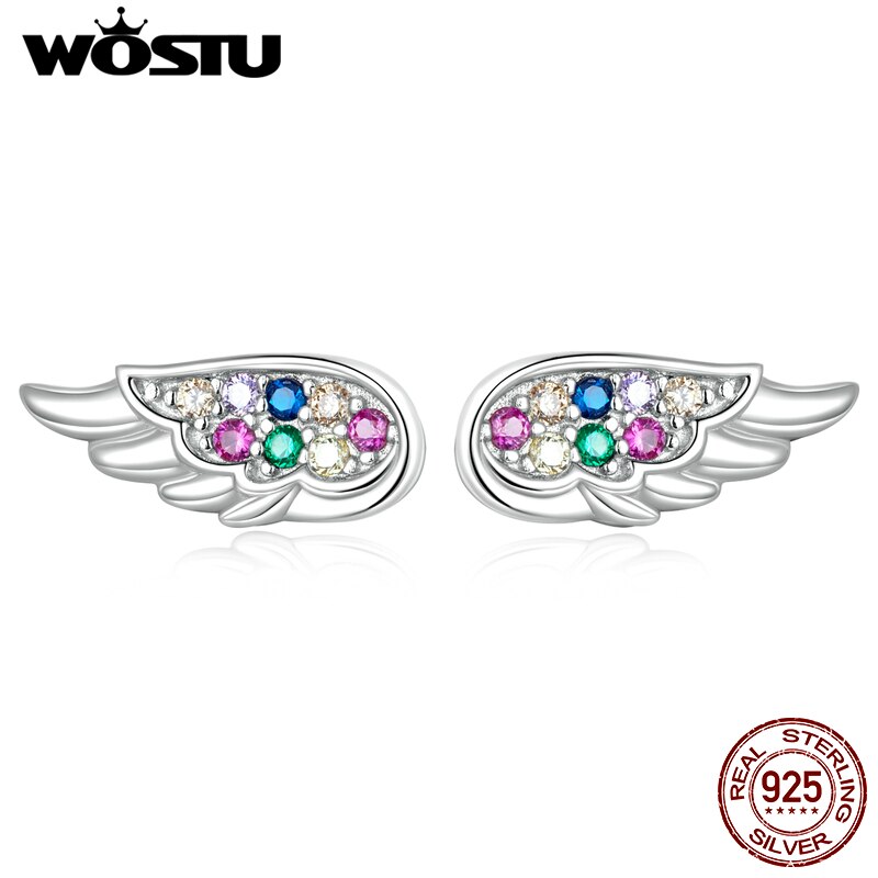 Wostu genuine 925 sterling silver angel wing stud earrings for women hollow rainbow zircon ear studs  s925 fine jewelry fie 1397