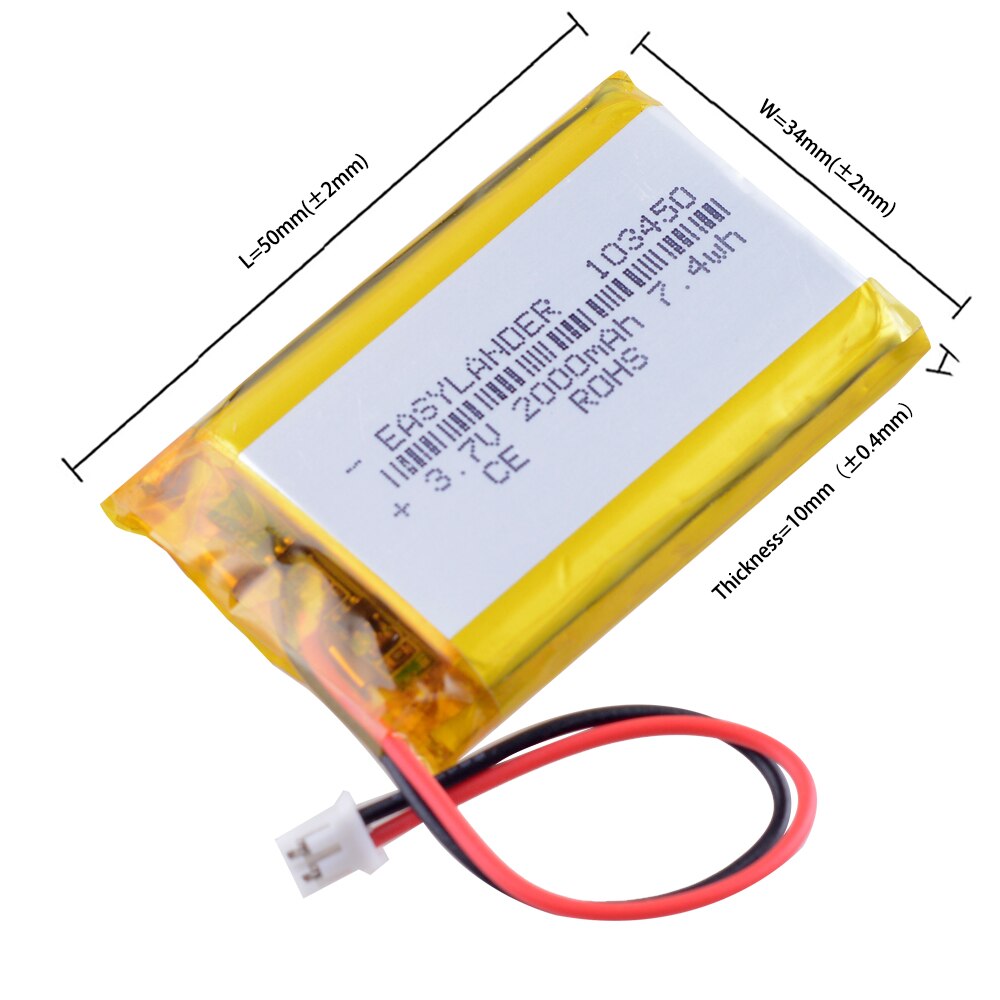 3,7 V 2000mAh 103450 Lipo Polymer Lithium Batterie Navigator DVR GPS Kamera JST PH 2,0mm 2pin PS4 LIP1522