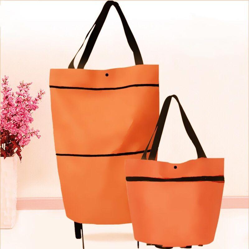 2 in 1 foldbar indkøbskurv med hjul premium oxford stof multifunktion indkøbstaske arrangør høj kapacitet: Orange
