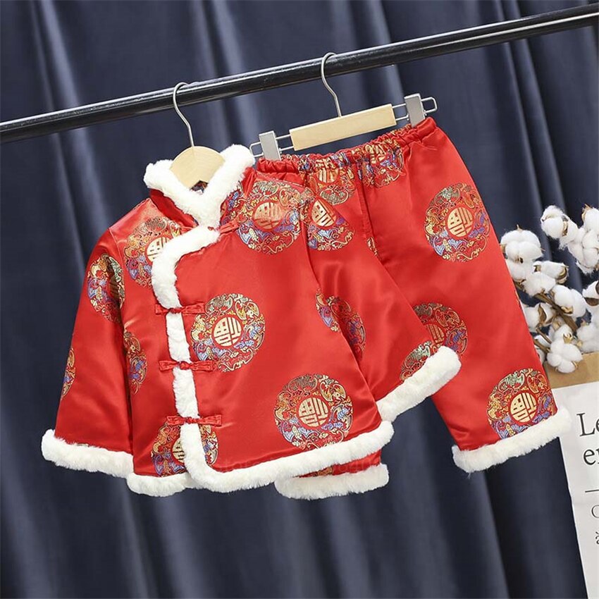 Chinese Jaar Kostuums Voor Kinderen Jongens Meisjes Lente Festival Kleding Winter Baby Sets Jas Broek Traditionele Oude Tang