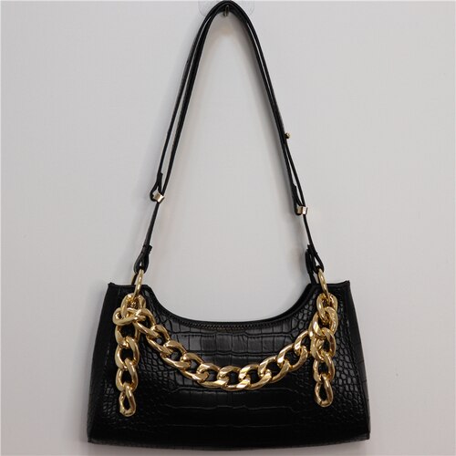 Bag Female Spring and Summer Crocodile Baguette Shape Bag France Small Shoulder Bag Underarm Handbag: black