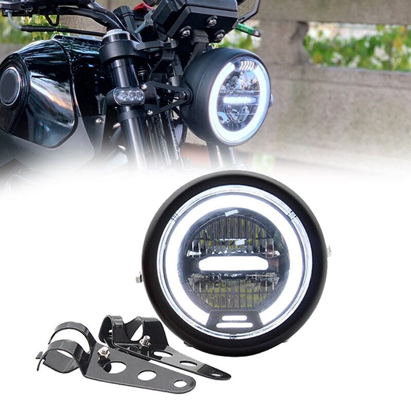 12v 6.8 tommers cafe racer vintage motorsykkel led lampe avstand lys motorsykkel frontlys hvit drl halo ring+brakett: Default Title