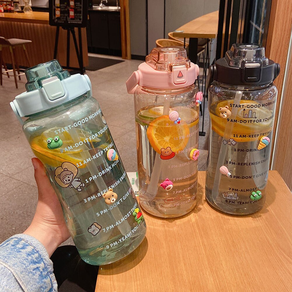 2L Große Kapazität Wasser Flasche mit prallen Kappe Timeline Erinnerung draussen Sport und Fitness Dicht Peeling Tasse mit aufkleber