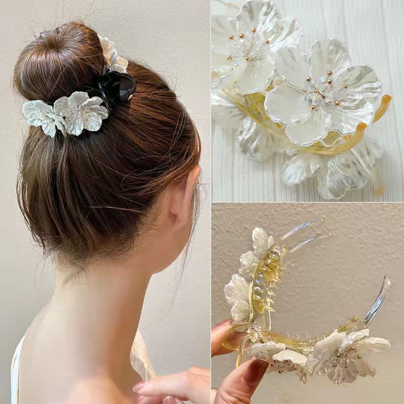 Ball Head Grab Clip Female Summer Net Red French Temperament Imitation Ceramic Flower Lazy Hair Clip Back head hair clip