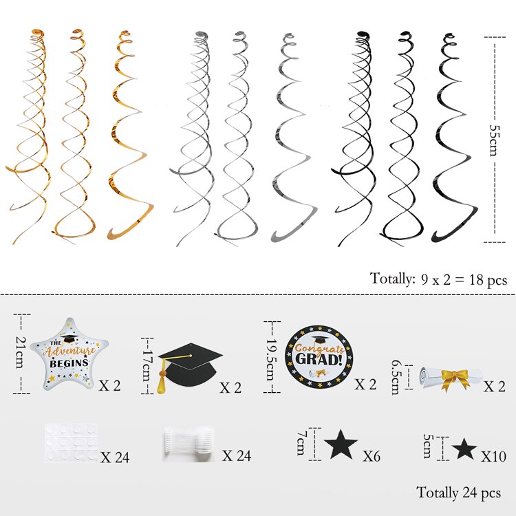 2022 Graduation Congratulation Party Hat Banner Paper Cap Star Garland Wall Hanging for School Congrats Grad Balloons Decoration: 18Pcs Hang Swirls