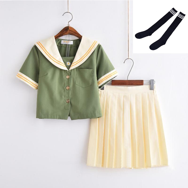 Uniforme de escuela secundaria verde para niñas, uniformes de Sailor, estilo pijo: Short Set With Socks / M