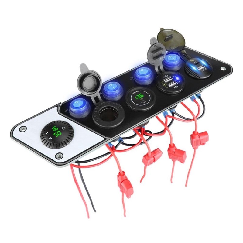 Multifunctional RV Phone Charger 12-24V PD QC3.0 Charging Socket with Voltmeter Digital Clock with 4 Switch