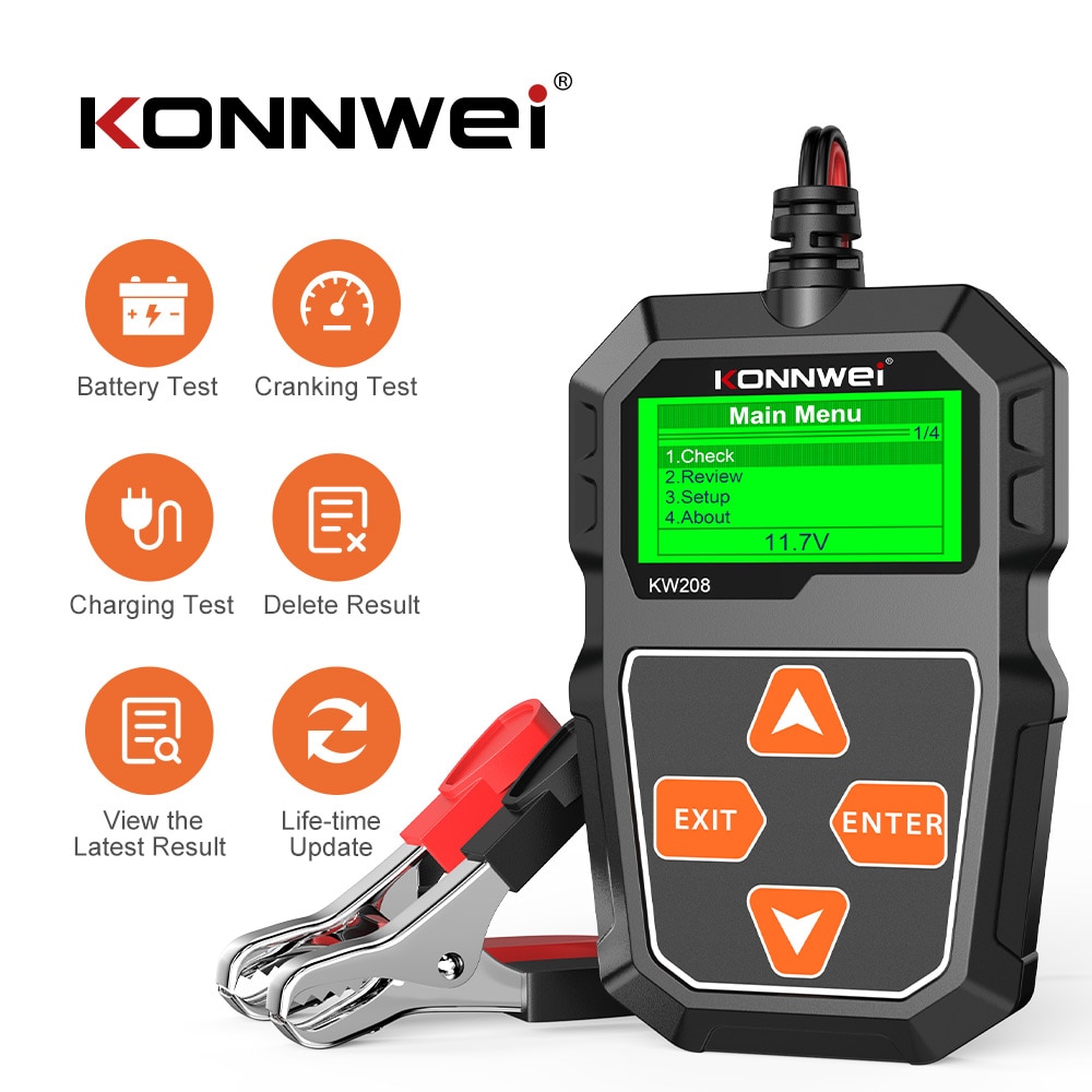 KONNWEI KW208 OBD 2 Car Battery Tester Charger Analyzer 12 V Cranking Test 100-2000CCA Charging Test Multi-Language Load Tools