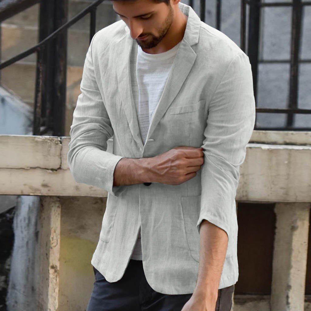 Пиджак мужской jakkesæt herre slim fit linned blanding lomme solide langærmede jakkesæt blazer jakke outwear