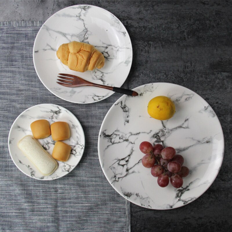 Ceramic Plate Round Dish Dinner Plate Food Tray Marble Grain Dish Christmas Plate Platos Dinnerware Cutlery 1pcs