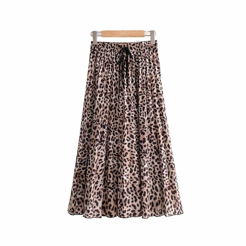 Jocoo jolee kjol kvinnor leopardmönstrade veckade kjolar vintage dragsko elastisk midi midikjolar casual koreansk a line kjol: Leopard / S