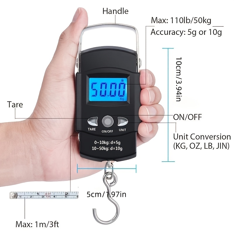 Báscula Digital portátil con pantalla LCD, pesaje preciso para bolsas de pescado, equipaje, incluye gancho para colgar, policarbonato negro, 1 ud.