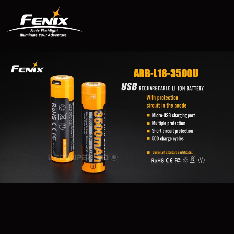 USB Rechargeable Fenix ARB-L18-3500U 18650 Li-ion Battery 3500mAh with Micro-USB Charging Port