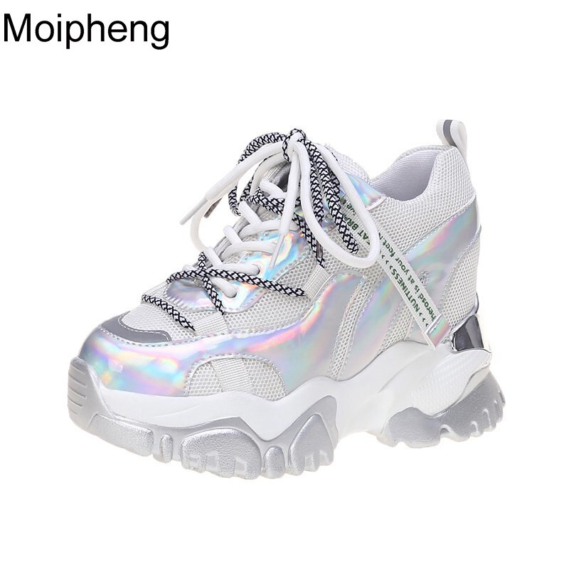 Moipheng chunky sneakers høj hæl 10 cm kvinder efterår tyk bund platform sneakers højde stigende kvinde sølv casual sko