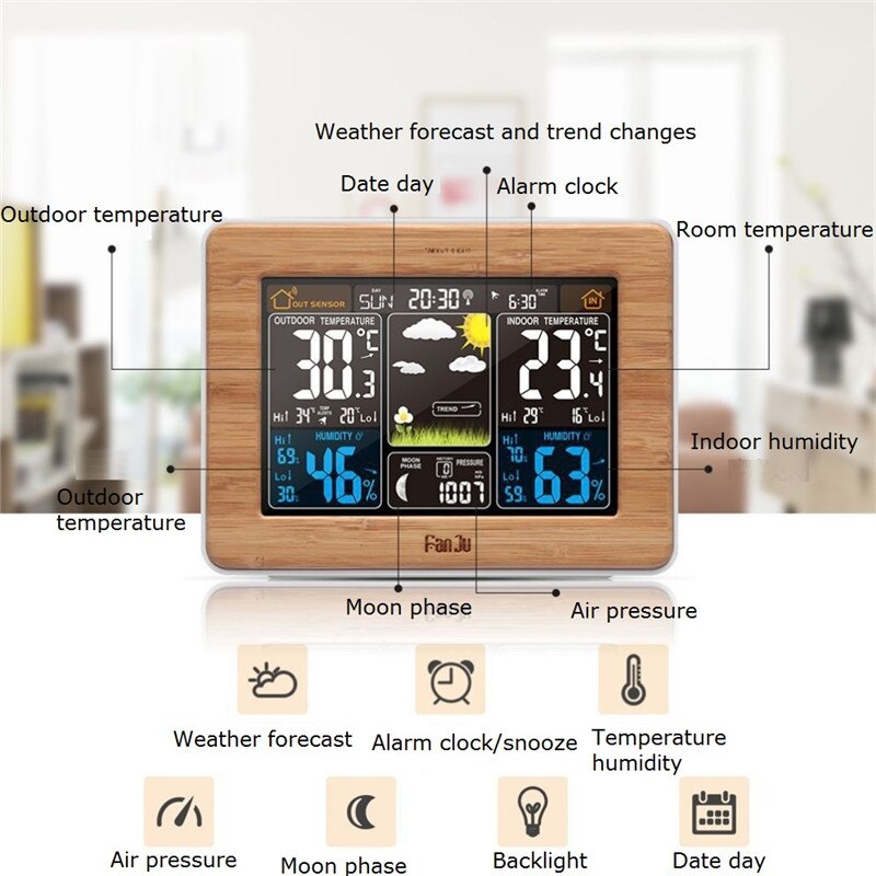Table Clock Desktop Weather Station Wireless Indoor Outdoor Sensor Thermometer Hygrometer Digital Alarm Clock Barometer Forecast