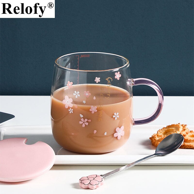Taza de café de cristal con flor de cerezo, vaso con cuchara, amantes de la personalidad, para café, zumo, té, desayuno, utensilio para bebidas, 500ml