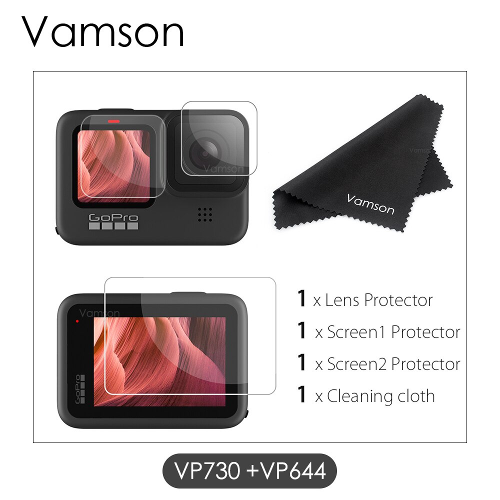 Vamson tilbehørssæt til gopro hero 10 9 sort mini bæretaske hærdet glas skærmbeskytter ærmesnor til go pro 9: Vp730-vp644