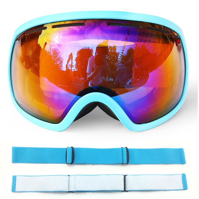 Large Spherical Big Vision Ski Goggles Double Layer Permanent Anti-fog Outdoor Ski Goggles Cocker Myopia: Blue Box   Plated Blue