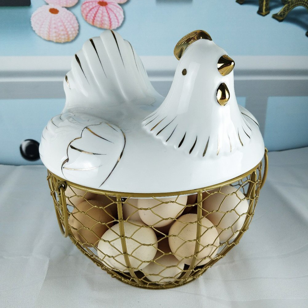 Multi-function Iron Eggs Storage Basket Chicken Shape Ceramic Lid Fruit Organizer With Handle Large Capacity Kitchen Mesh Holder