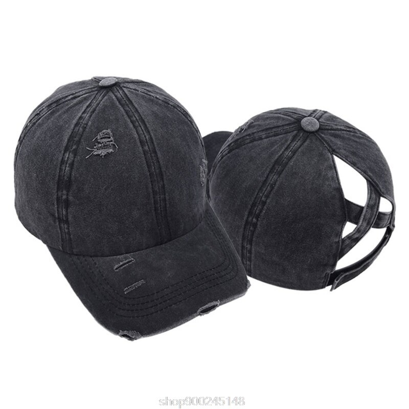 Femmes lavé casquette de Baseball crème solaire en détresse déchiré Criss croix haute queue de cheval réglable chapeau de relance N12 20 directe: Black