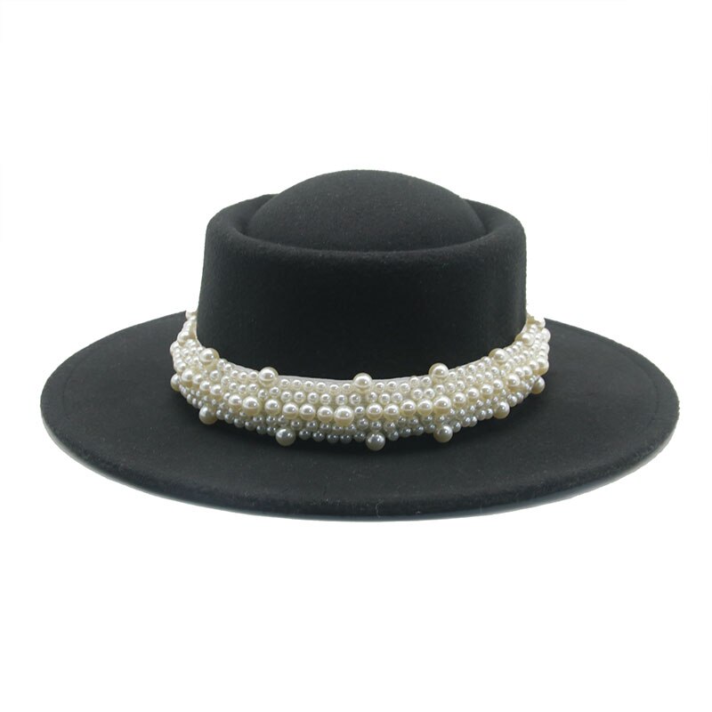 Vrouwen Hoeden Ronde Top Parel Band Formele Lente Mannen Vrouwen Vilten Hoeden Jazz Kerk Wedding Solid Klassieke Riem Zwarte Fedora hoeden: black