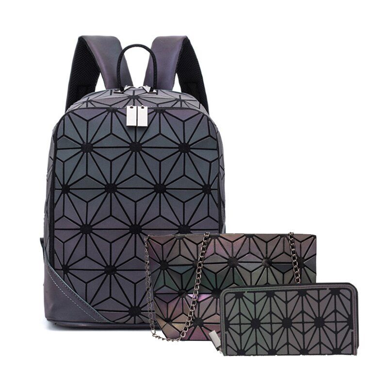 Nuovo Luminoso Zaino Delle Donne Zaino Reticolo Set Scuola Zaini per Teenage Girl Borse da Scuola Olografica Frizione Della Borsa Mochila: 3-piece set C