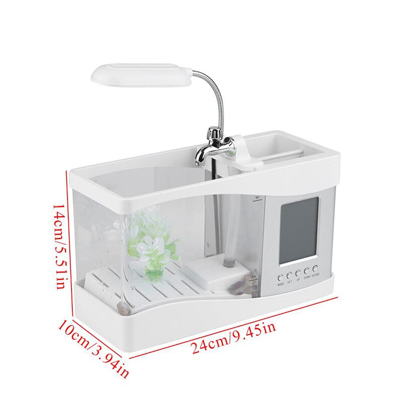 Mini akvarium fisk tank usb skrivbord akvarium med led ljus lcd skärm och klocka fisk tank dekoration med småsten: Vit