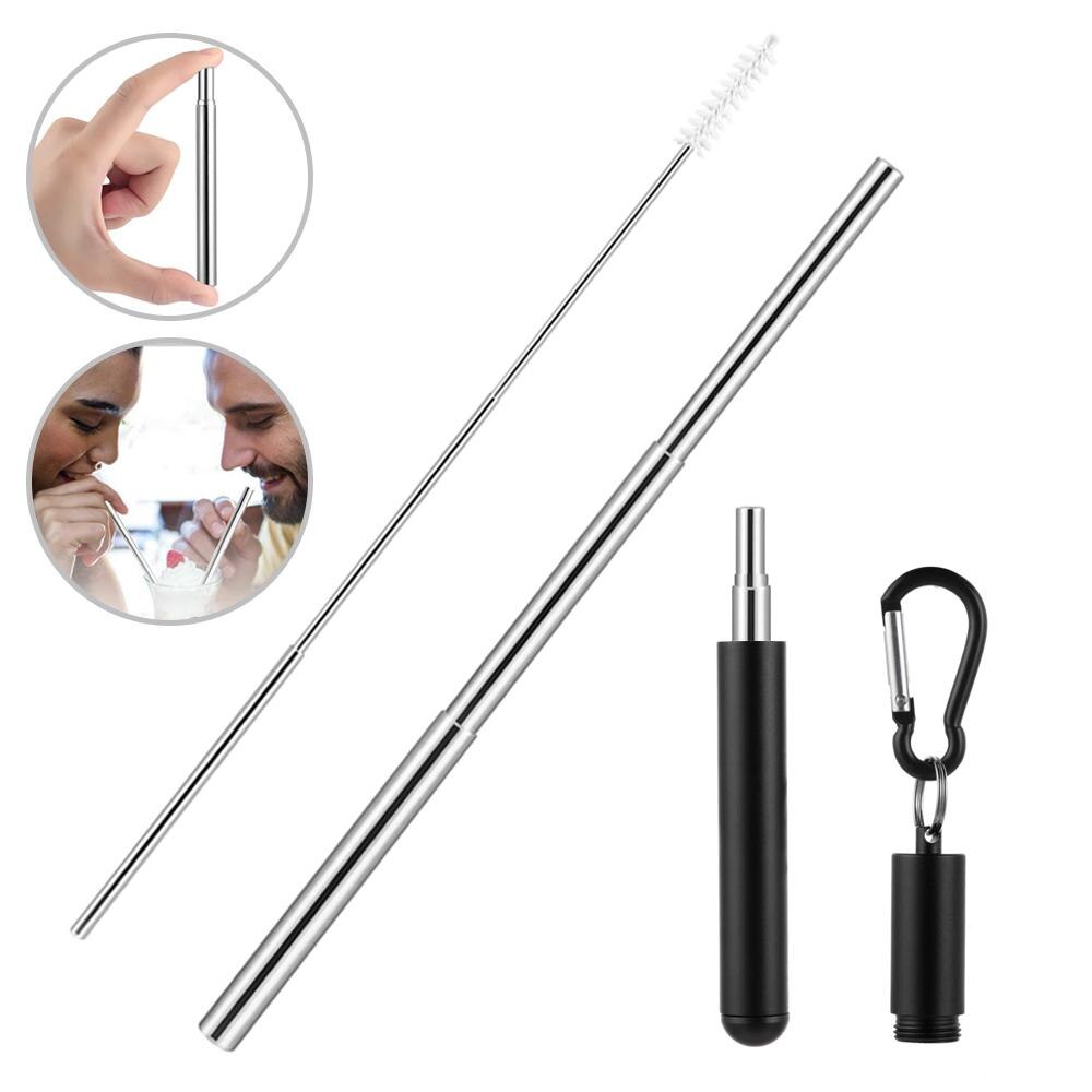 3 Section Telescopic Metal Drinking Straw Portable Straw for Travel Reusable Collapsible Stainless Steel Straw with Case & Brush: Black