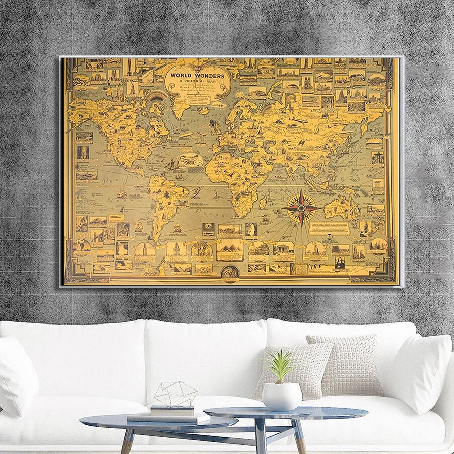 World Wonders Architectural Miracle Landmark Map Kraft Retro Paper Poster HD Printing Geography Classroom Wall Sticker Decor