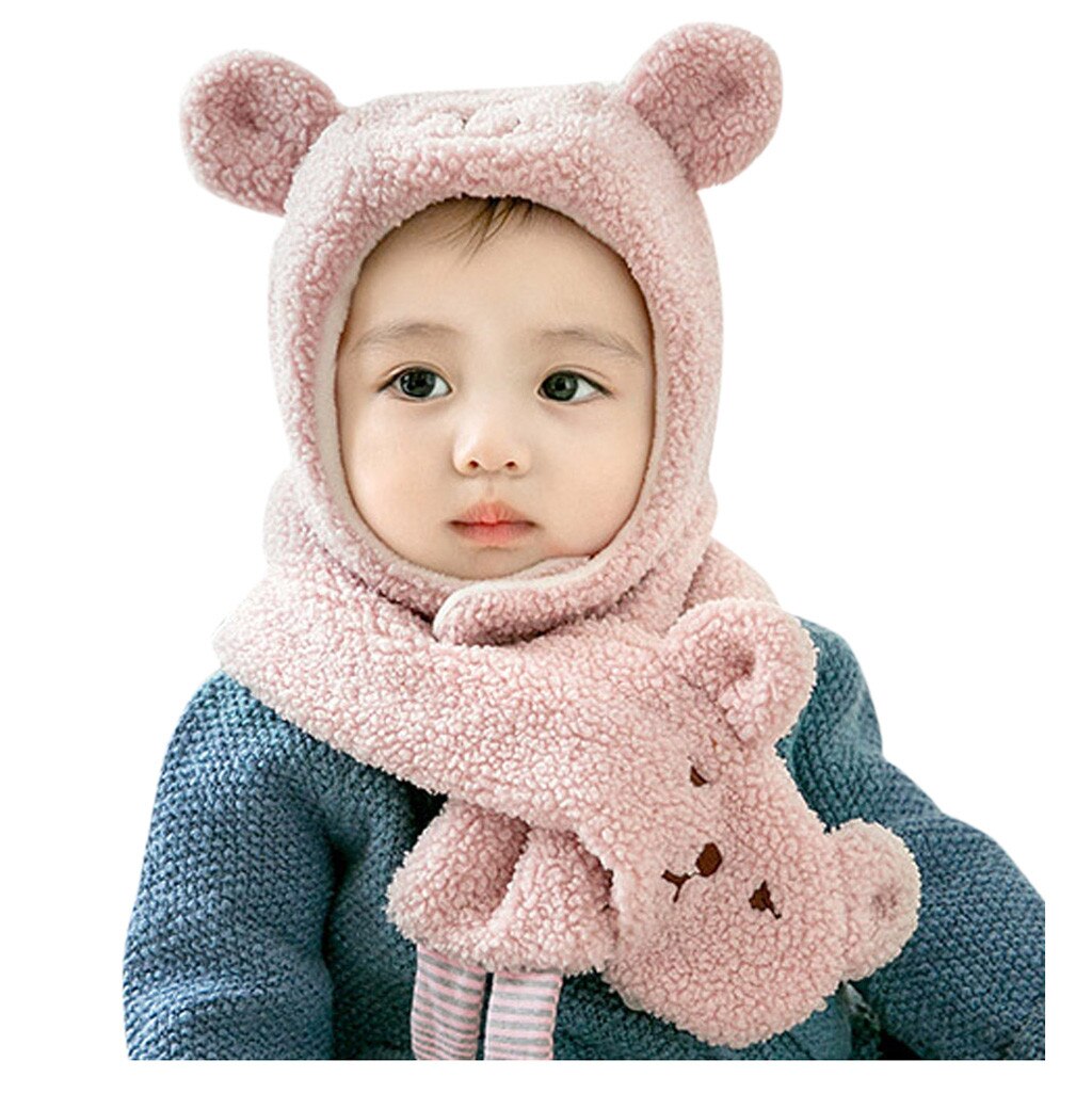 Unisex Cute Baby Cartoon Bear Hat Winter Toddler Boy Girl Solid Knitted Children Lovely Warm Soft Hat+Scarf Two Piece Set: Pink