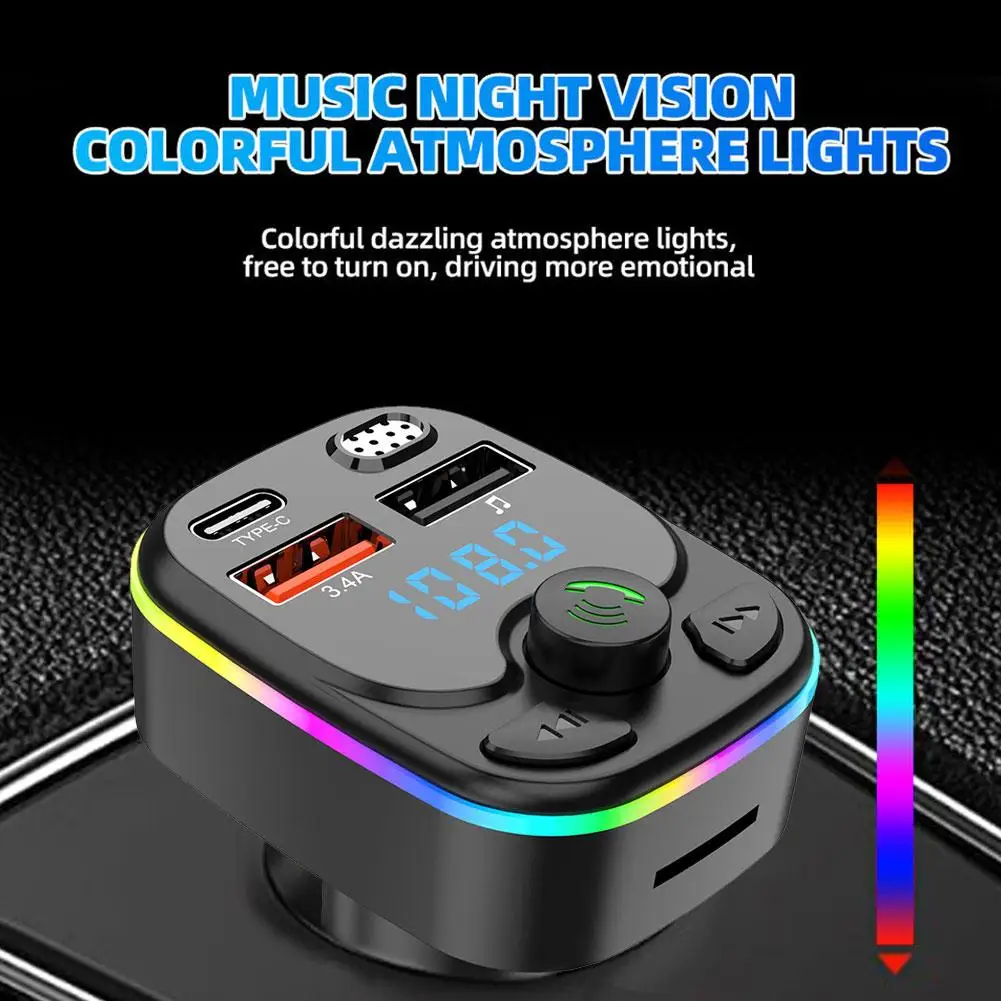 Transmisor FM manos libres Bluetooth 5,0 para coche PD tipo C Dual USB 3.4A luz ambiental colorida reproductor modulador MP3 2023