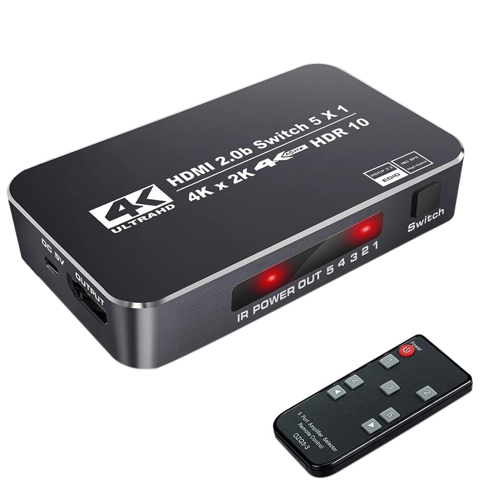 4K HDR HDMI Switch,5 Ports 4K 60Hz HDMI 2.0 Switcher Selector with IR Remote, Supports Ultra HD Dolby Vision