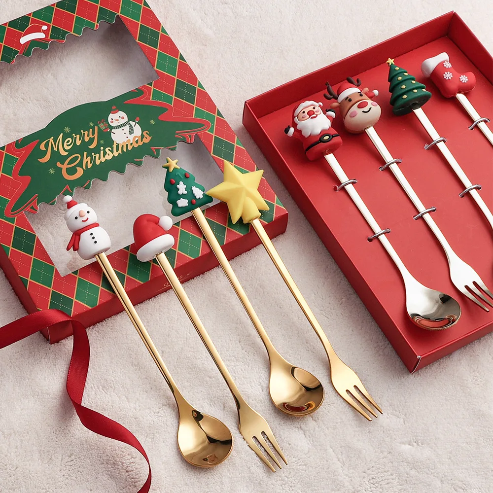 4 stks/set Kerstcadeau Goud Zilveren Lepel Vork Set Elanden Kerstboom Decoratie Dessert Scoop Fruit Vork Koffielepel Bestek