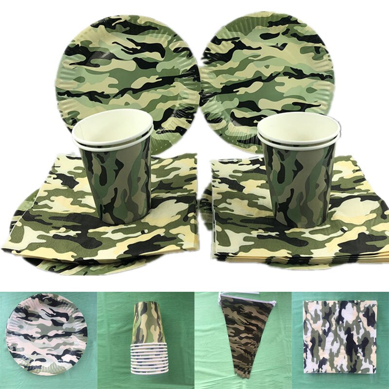 Army Green Camouflage Theme Party Disposable Paper Tableware Decorative Banners For Kids Birthday Party Decor