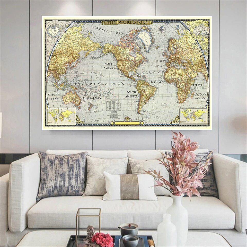 Mapa mundi vintage 1943 cm x 225 cm, arte para parede, pôster, pintura em tecido não tecido, decoração para sala de estar, casa, escritório, material escolar