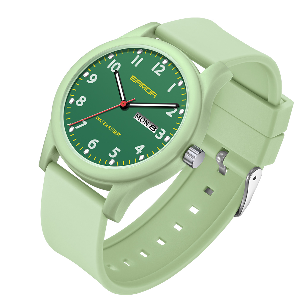 SANDA Herrenuhr, Silikonarmband, modisch, lässig, wasserdicht, leuchtende Uhr, Unisex-Armbanduhr, Datum, Woche, Sport, Herrenuhren: green